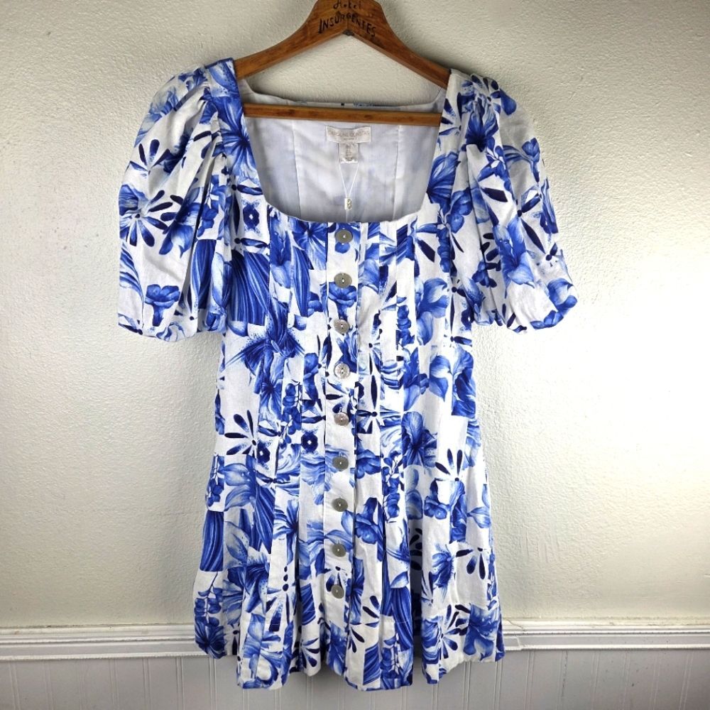 Caroline Constas Boho Dress 2 Blue White Floral Linen Blend Puff Sleeve Mini